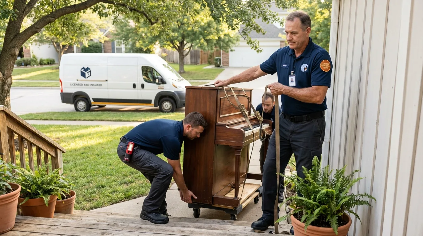 Licensed piano movers securing grand piano in Orange, NJ