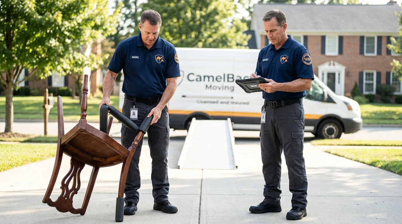 Movers inspecting furniture for damage prevention before loading in Orange, NJ